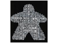 T-shirt: Mr. Meeple - White Meeple Wordle, Version 2: Trickerion (Black) - Small